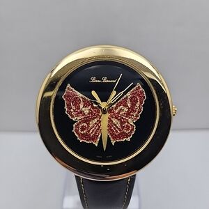 Womens Pierre Bernard Butterfly Watch Gold Glitter Black Leather New Battery